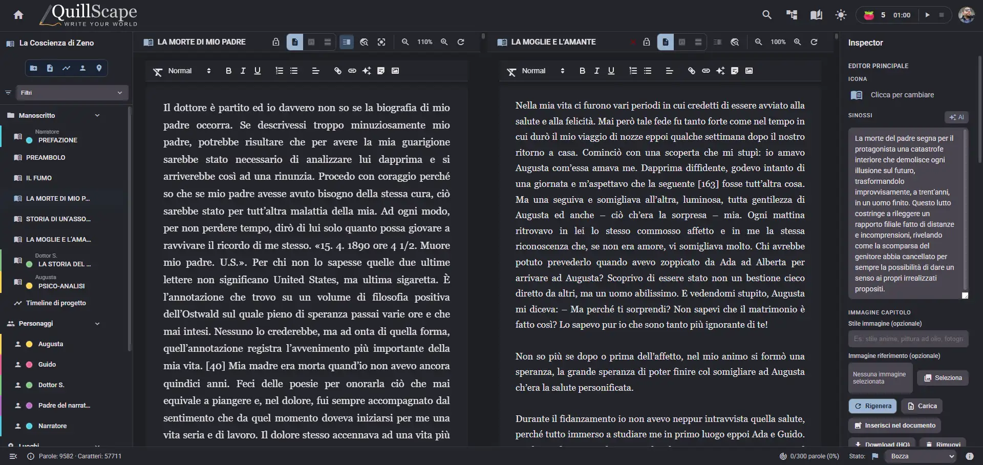 QuillScape editor in modalità tema scuro con interfaccia elegante e contrasto elevato